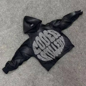 Sweat à capuche en coton mélangé avec strass délavé à l'acide à prix d'usine pull à capuche décontracté à ourlet brut - Product Image 1