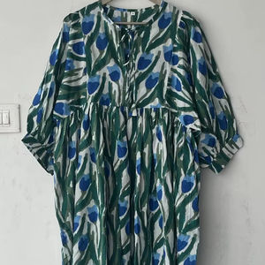 Vestido MIDI de algodón con estampado de bloques de mano floral, vestido de verano con cuello profundo | Traje informal bohemio hecho a mano para mujer - Product Image 1