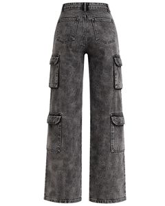 Manufacturer Custom <b>Women</b> High Waist Wide Leg Denim Cargo Pants Black Washed Multi Pocket Streetwear Casual Fashion <b>Jeans</b> - Product Image 2