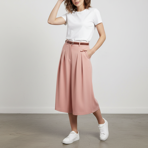 Fabricant vietnamien – Nouvelle jupe-culotte plissée rose respirante avec ceinture, coupe droite, décontractée, pour femme, couleur unie, en tissu peigné - Product Image 4
