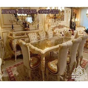 Luxurious Hand Carved <b>Dining</b> with Wingback <b>Chair</b> Set Elegant Designed <b>Dining</b> Room Furniture Latest <b>White</b> & Gold <b>Dining</b> Table Set - Product Image 1