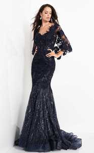 Black Full Sleeves V-Neck A-Line Bridal Gown with Embroidery Anti-Static Maxi Length for Evening Wear & Export - Product Image 5