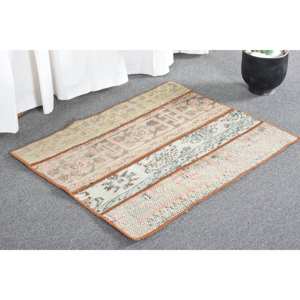 Élégant tapis turc vintage 2x2.5ft Beige et gris tissage plat en laine patchwork Design pour adolescent salon décor - Product Image 4