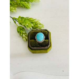 Anillo de Plata de Ley con Turquesa Kingman Estilo Suroeste, Talla 6.5, Incrustación en Bisel sobre Acero Inoxidable con Baño de Oro Rosa de 18K, Regalo - Product Image 1