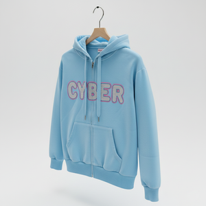 Custom Logo Rhinestone Star Zip Pullover Hoodie <b>Y2K</b> Cyber Bubble Letters Baby Blue Unisex Winter <b>Streetwear</b> 100% Cotton Fleece - Product Image 2