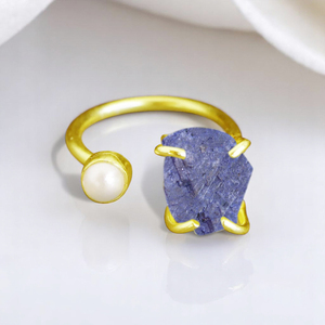 Bague réglable en argent 925 faite à la main pour femmes saphir brut pierre de naissance perle ensemble de broches Moissanite saphir brut pierre de naissance perle - Product Image 1