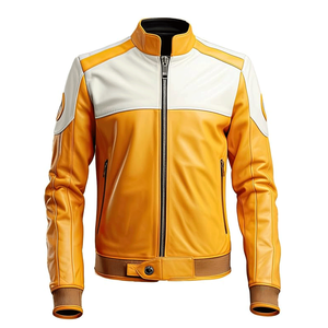 Men's Mustard White Genuine Sheepskin Stand Collar Windproof Winter Racing Motorbike Jacket Lightweight Smooth - Product Image 1