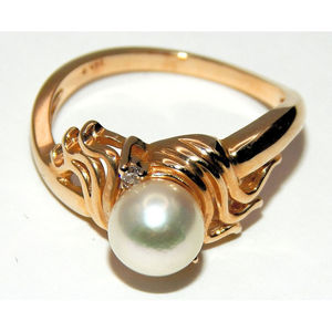 14K anello di perle d'oro con 2 diamanti gioielli eleganti per le donne - Product Image 1