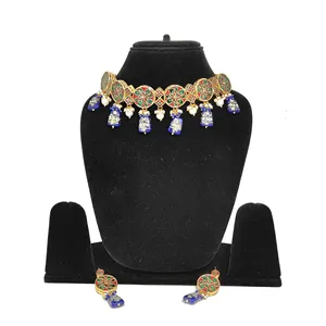 Ensemble de colliers de luxe pour femmes et filles, sertis de pierres Meenakari Kundan, plaqué or, bijoux de mariée et de haute joaillerie - Product Image 2