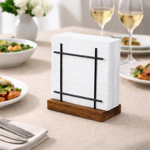 Porte-serviettes en métal noir, support à serviettes avec base en bois, porte-serviettes en fer, porte-serviettes minimaliste, organiseur de serviettes de table moderne - Product Image 1