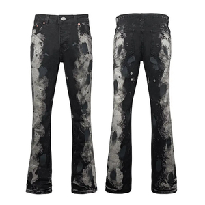 <b>Men</b> High Waist Flare Jeans <b>Tie</b> Dye Print Bleach Stone Wash Denim Streetwear Style Cotton Midweight Autumn Fashion - Product Image 1