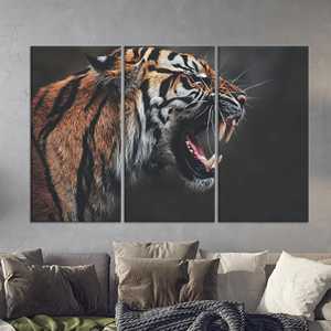 Tableau mural sur toile Tigre rugissant : Impression de prédateur féroce de la jungle, lot de 3 toiles - Product Image 1