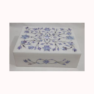 Handmade Floral Design White Marble Blue Mother Of Pearl Jewellery <b>Box</b> Rectangular Shape Used For Necklace <b>Packing</b> And Gifting - Product Image 1