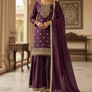 Conjunto Sharara de Diseño Indio-Pakistaní, Hermoso y Elegante, en Tela de Seda, para Bodas, Fiestas y Eventos Tradicionales - Product Image 1