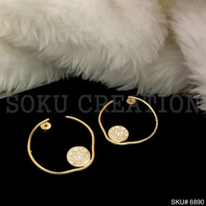 Handmade Gold Plated Women's Stylish Big Hoops Lotus White Enamel Design Trendy Push Back <b>Earrings</b> Brass <b>Heart</b> Shape Pattern - Product Image 2