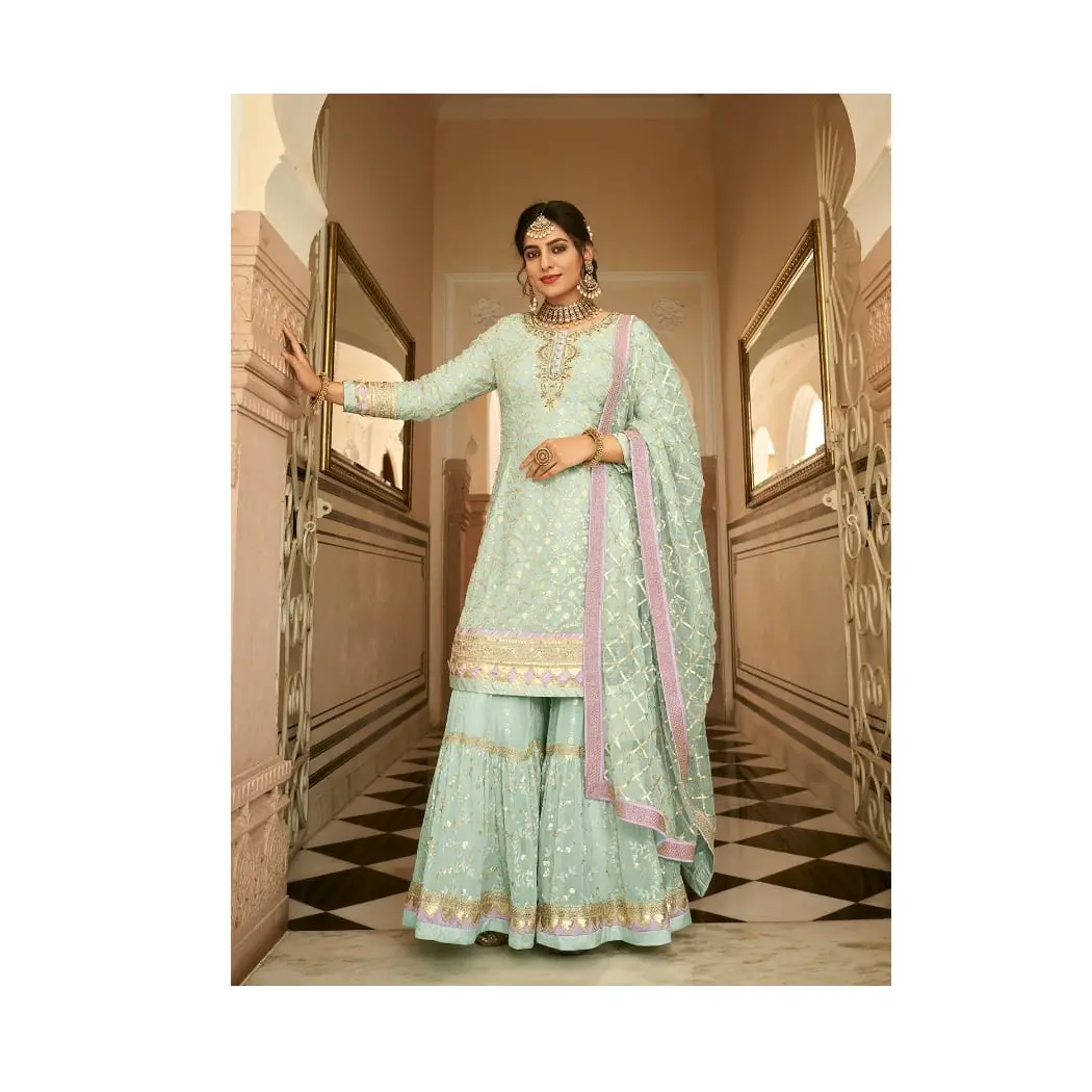 뜨거운 판매 무거운 가짜 조젯 자수 멋진 순서 작업 호일 작업 여성 Salwar Kameez