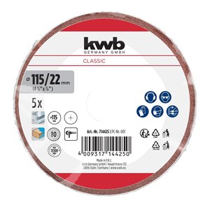 Juego de 5 Discos Abrasivos para Amoladora KWB de 115 mm con Grano P80 CUT FIX 714425 - Product Image 2