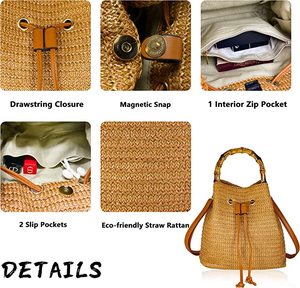 Sac fourre-tout en paille pour femmes grande capacité Shopping fourre-tout bohème sac à bandoulière voyage sac de plage avec doublure OEM - Product Image 5