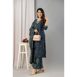 Conjunto de Kurta estampado de algodón puro azul marino para mujer con pantalones y Dupatta - Product Image 4