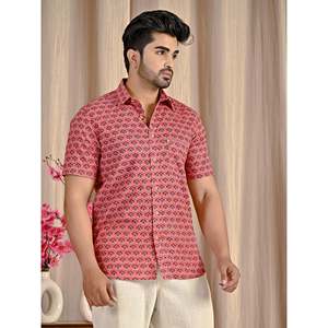 Chemise décontractée pour homme en coton pêche imprimé, col montant, manches courtes, tissu popeline respirant, taille 6XL - Product Image 5