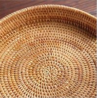 Plateau de service en rotin tissé à la main, panier rond en osier avec poignées pour décoration de table basse ou ottoman