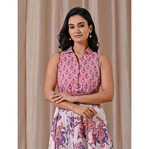 Vestido sin mangas rosa y blanco con estampado de bloques, cuello elegante, informal, largo hasta el suelo, cintura natural, transpirable, con cremallera - Product Image 1