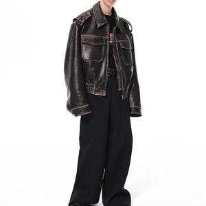 Veste d'hiver personnalisée de haute qualité pour hommes coupe-vent en cuir et polyester délavés avec motif en relief 3D - Product Image 5