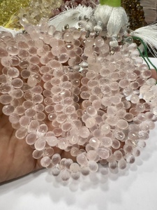 Natural Pink Rose Quartz Faceted Briolette Teardrops 8 Inch Strand Size 5-7mm Approx. <b>Cushion</b> Cut Beads High Quality Trusted - Product Image 4