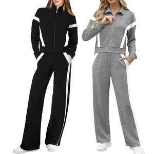Vêtements de sport décontractés pour femmes, tenues d'été, logo personnalisé, pantalon large à jambes larges en coton 100%, ensemble 2 pièces, veste à fermeture éclair - Product Image 4
