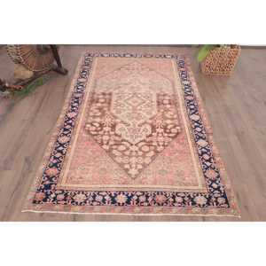 Alfombra Vintage de 4.2x6.7 pies, Alfombra Turca, Alfombra de Retazos Azul y Marrón - Product Image 1