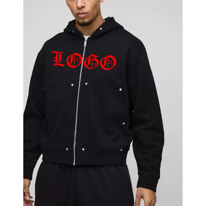 เสื้อฮู้ดดี้โอเวอร์ไซส์สำหรับผู้ชาย ผ้าฝ้าย 100% หนานุ่ม หรูหรา ซิปแบบเรียบง่าย สไตล์สตรีทแวร์ รับสกรีนลายตามสั่ง ทรงหลวม ไหล่ตก ติดกระดุม - Product Image 4