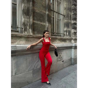 Mybeefashion Women's <b>Red</b> Flare Leg Cotton Blend Two-Piece Outfit Set with <b>Crop</b> <b>Top</b> and Wide Leg Pants - Product Image 1