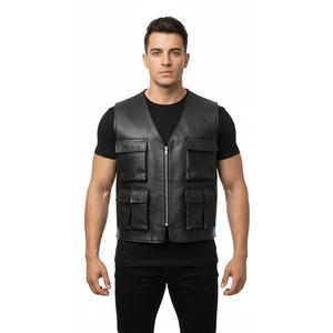 Gilet utilitaire en cuir personnalisé pour homme, plusieurs poches, fermeture éclair, streetwear tactique, veste sans manches, hiver, extérieur - Product Image 1