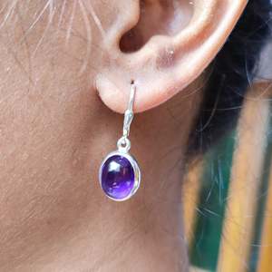 Boucles d'oreilles pendantes en argent sterling 925 avec améthyste naturelle, pierre précieuse violette, design ovale fait main, bijoux pour le mois de février, couleur or - Product Image 2