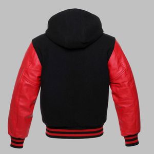 2025 veste universitaire personnalisée pour hommes avec capuche respirante vêtements d'hiver Letterman rouge véritable peau de vache manches en cuir nouvelle vente en gros - Product Image 2