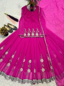 2025 Hina Khan Wear estilo Bollywood Rani Color Heavy Faux Georgette tela Kurti & Lahenga con Dupatta Set a un precio asequible - Product Image 3