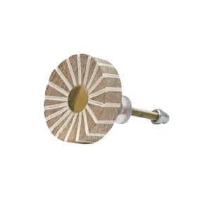 Bouton de meuble rond en bois avec centre en laiton et incrustation blanche, style scandinave, pour commode et armoire - Product Image 1