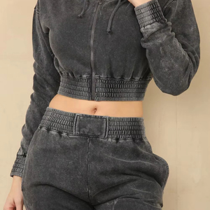 Conjunto Deportivo Lavado para Mujer, Sudadera con Capucha Estilo Vintage Lavado Ácido, Pantalones Jogger de Algodón Grueso, Estilo Urbano, Venta al por Mayor, Conjunto de Sudadera Corta con Capucha - Product Image 2