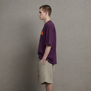 Men's Purple Cotton <b>T</b>-<b>Shirt</b> With Orange Logo Front Print Casual Summer Crew Neck Oversized Fit Short Sleeve Top - Product Image 3