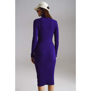 เดรสไหมพรมสีม่วงทรงบอดี้คอน คอเต่า แต่งโครเชต์ สไตล์ลำลอง สำหรับฤดูใบไม้ร่วงและฤดูร้อน ตกแต่งด้วยกระดุม ผลิตจากไนลอนธรรมชาติ - Product Image 1