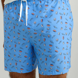 Shorts de Baño para Hombre, Azules, Estampados con Peces y Conchas, de Secado Rápido, con Cordón Ajustable, Casuales, de Poliéster, con Logotipo Frontal - Product Image 1
