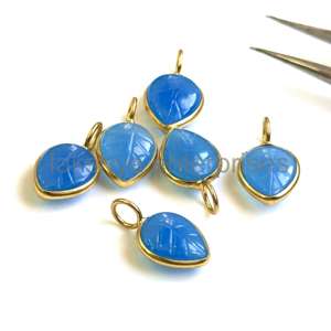 Piedra de Calcedonia azul Natural tallado en hojas, dijes de Plata de Ley 925, 10x8mm, ajuste de bisel de oro Vermeil, colgante de piedras preciosas talladas - Product Image 3
