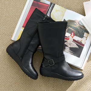 [JSHOE] Bottes mi-mollet compensées en cuir de vache véritable doublées de polaire pour femmes avec sangle à boucle Chaussures de marche confortables pour l'hiver - Product Image 1