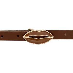 Best quality Real Leather Fashion Woman Belt Made in Italy with lt gold tan enamel lips buckle