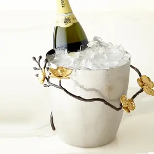 Bester zylindrischer Aluminium-Champagner-Eis kübel mit schwarz-goldenem Zweig und Holzgriffen zur Weinlagerung und-kühlung