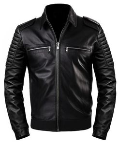 Veste en cuir pour hommes avec col montant couleur unie et logo avant Meilleure veste pour l'hiver - Product Image 4