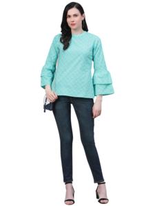 Blusa informal de algodón azul cielo para mujer, con estampado geométrico, cuello alto y mangas acampanadas, talla S, cómoda de usar - Product Image 2