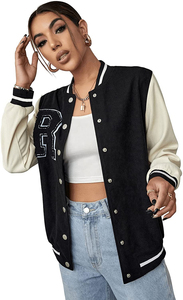 Women's Baseball Bomber Casual Retro Varsity Jacket Single Breasted <b>Distressed</b> Button Down Outerwear Hipster Chenille Jackets - Product Image 4