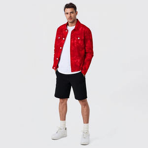 Chaqueta de mezclilla con diseño de botón teñido con lazo de manga larga informal para hombre rojo - Product Image 2