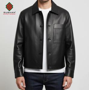 Chaqueta Bomber Casual de Cuero Negro para Hombre, Estilo Retro Minimalista, Cuello Mao, Cierre Sólido, Servicio OEM - Product Image 3